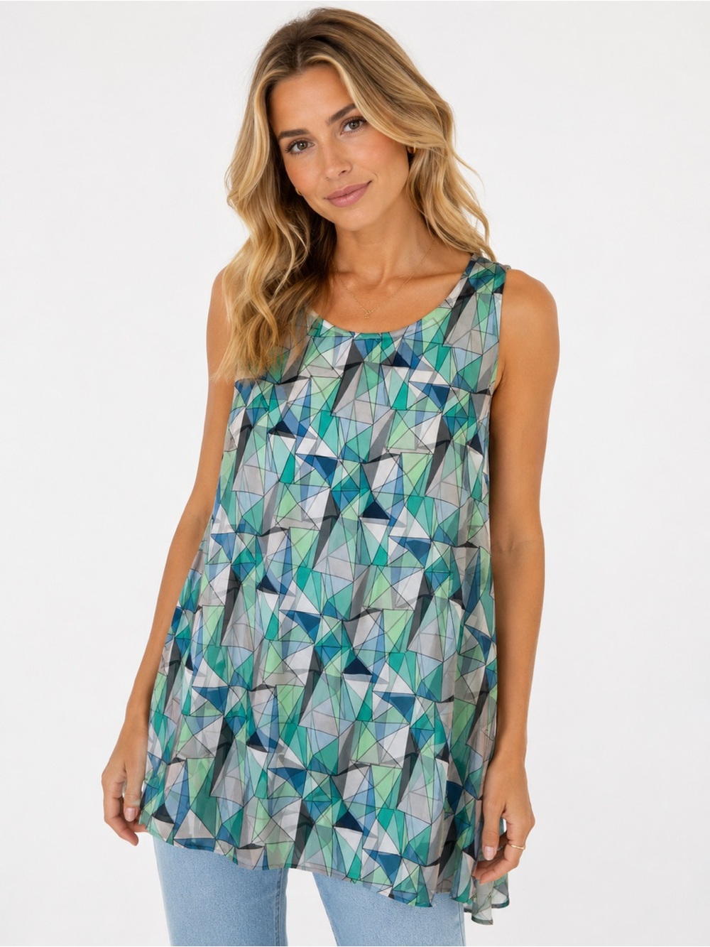 Vince Camuto Geometric Sleeveless Tunic Blouse Medium Blue Green Abstract Top